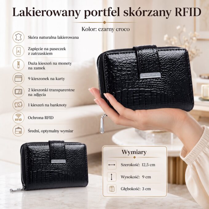 Czarny lakierowany portfel damski croco, zamknięty, z przodu i z boku