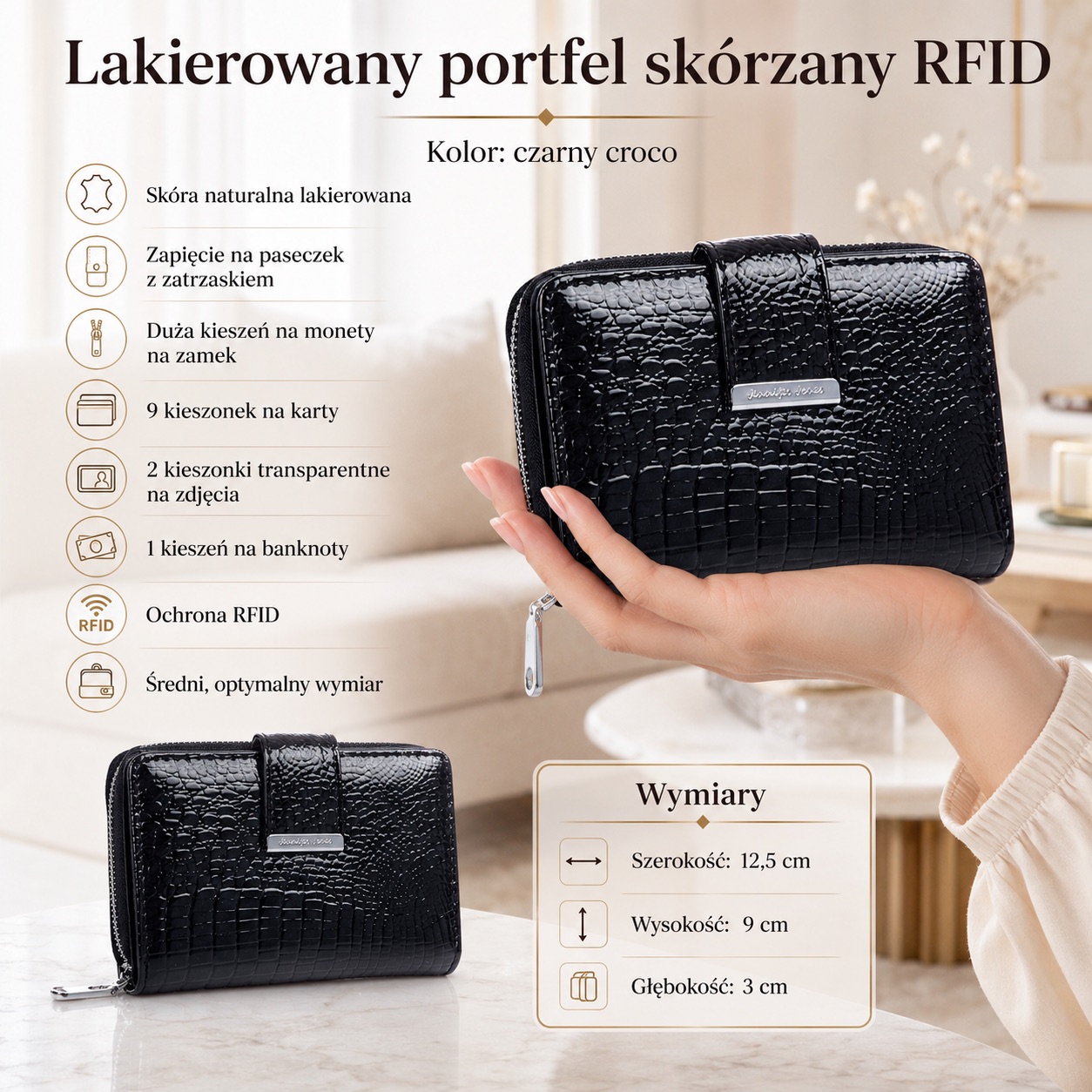 Czarny lakierowany portfel damski croco, zamknięty, z przodu i z boku