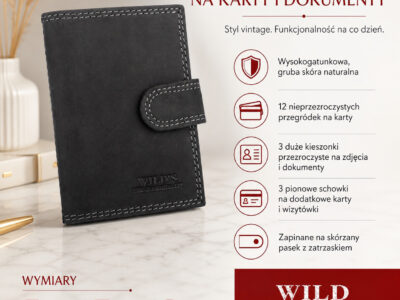 Czarne skórzane etui na karty z przodu, zamknięte, z paskiem na zatrzask