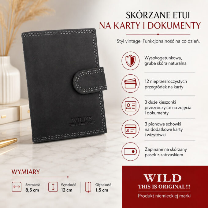 Czarne skórzane etui na karty z przodu, zamknięte, z paskiem na zatrzask