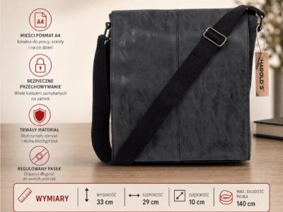 Elegancka pionowa torba męska na ramię z klapą Canvas czarna - obrazek 9