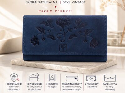 Portfel damski skórzany w stylu vintage pojemny granatowy RFID Paolo Peruzzi - obrazek 8