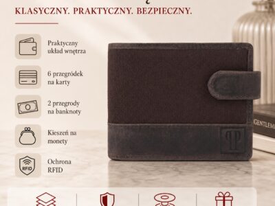 Poręczny, ciemnobrązowy portfel męski ze skóry naturalnej i mocnego canvasu Paolo Peruzzi - obrazek 10