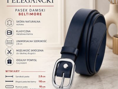 Elegancki, granatowy pasek damski skórzany do spodni polskiej marki Beltimore 110 cm - obrazek 11