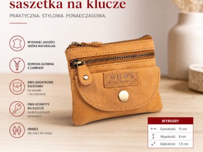 Front skórzanego etui na klucze w stylu vintage, piaskowy beż, zamknięte