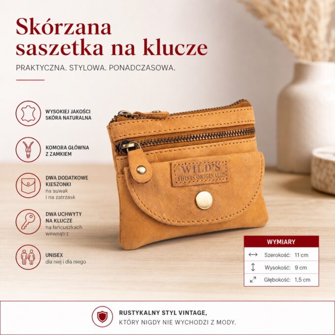 Front skórzanego etui na klucze w stylu vintage, piaskowy beż, zamknięte