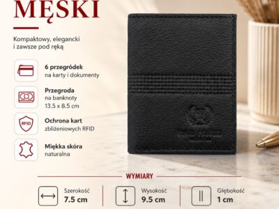 Malutki mini-portfel męski skórzany z miejscem tylko na karty i banknoty, czarny - obrazek 8