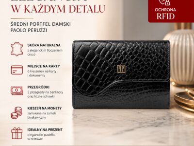 Czarny, średni portfel damski skórzany z wzorem imitującym skórę krokodyla - obrazek 10