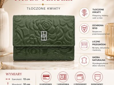 Ciemnozielony, średni portfel damski skórzany z wzorem w tłoczone kwiaty RFID - obrazek 10