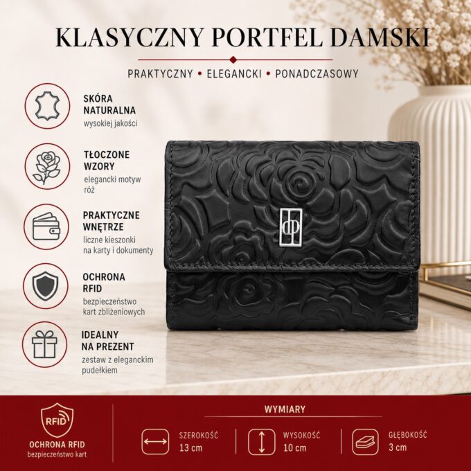 Zamknięty czarny portfel damski ze skóry z tłoczonym kwiatowym wzorem i klapką RFID