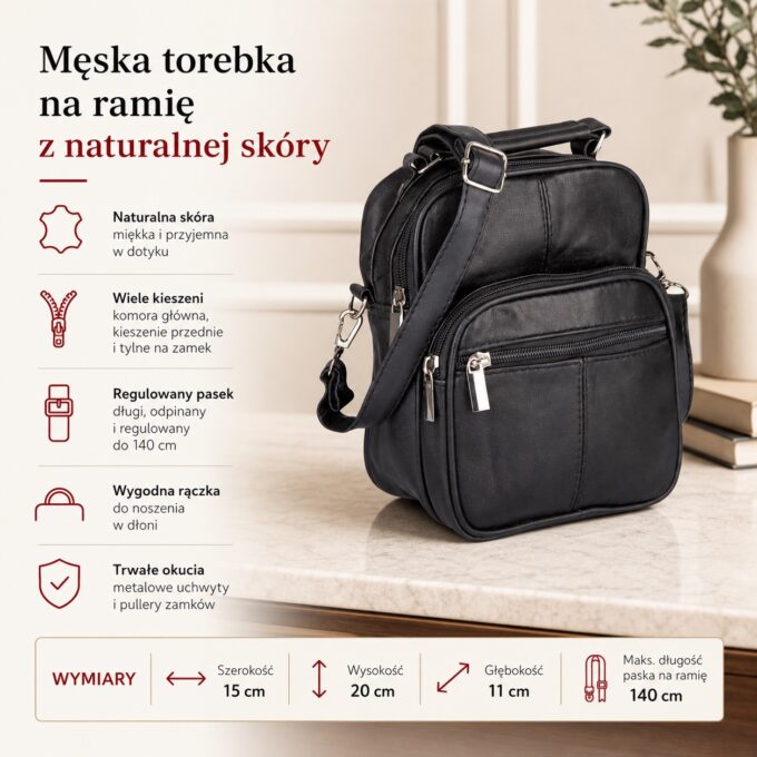 Czarna skórzana torebka męska z przodu, z paskiem i rączką na blacie