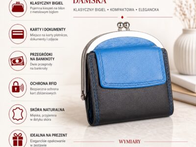Czarno-niebieska, skórzana, portmonetka damska zapinana na klasyczny metalowy bigiel RFID - obrazek 6