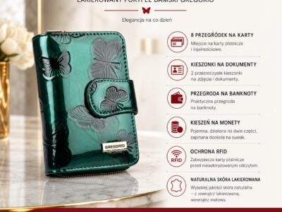 Portfel damski zielony lakierowany z wzorkiem w motylki RFID Gregorio - obrazek 8