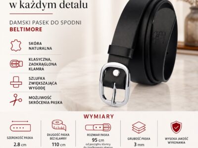 Elegancki, czarny pasek damski skórzany do spodni polskiej marki Beltimore 110 cm - obrazek 9