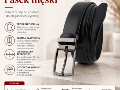 Klasyczny, skórzany pasek męski do spodni czarny skóra naturalna licowa 125-140 cm - obrazek 8