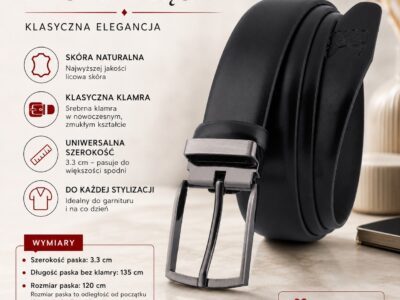 Klasyczny, skórzany pasek męski do spodni czarny skóra naturalna licowa długi 120-135 cm - obrazek 8