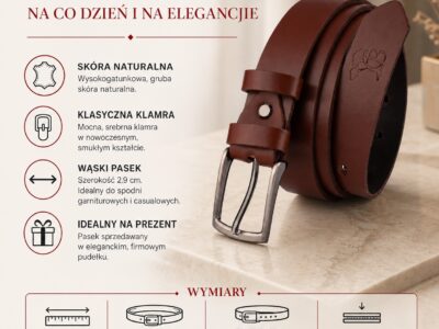 Wąski skórzany pasek męski do spodni 2.9 cm Beltimore brązowy 125 cm. - obrazek 7
