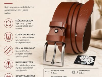 Elegancki, brązowy pasek męski do spodni skórzany z metalową klamrą klasyczną Beltimore 125 cm - obrazek 6