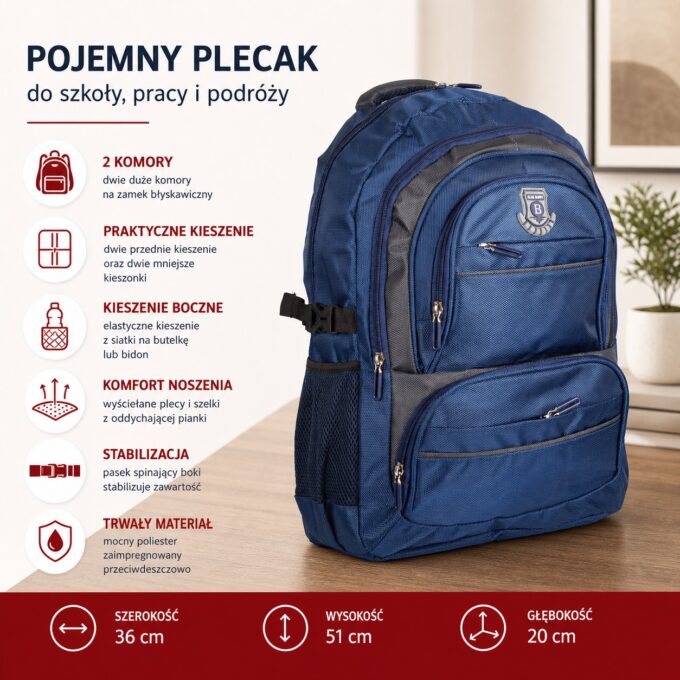 Granatowy plecak szkolny 2-komorowy z przodu, kieszeniami i boczną siatką