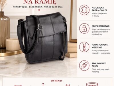 Mała, czarna torebka damska na ramię, skórzana z klapką Blue Burry - obrazek 7