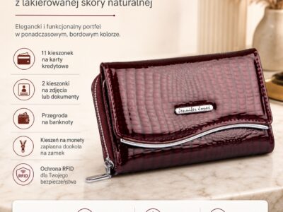 Duży burgundowy portfel damski z metalową "falą" z przodu RFID na zamek - obrazek 7