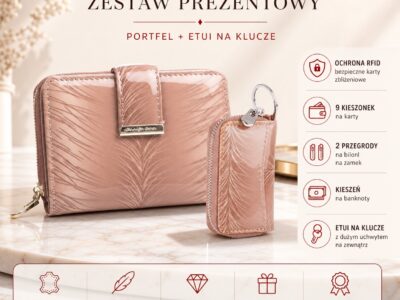 Zestaw prezentowy Etui na klucze beż listki + Portfel damski beż listki - obrazek 12