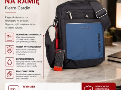 Czarno-niebieska torba męska na ramię Pierre Cardin - średnia i wygodna na co dzień - obrazek 9