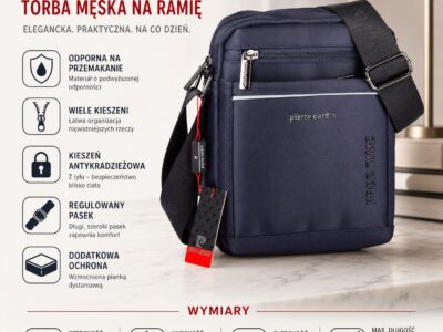 Granatowa torba męska na ramię Pierre Cardin, przód z kieszeniami i paskiem