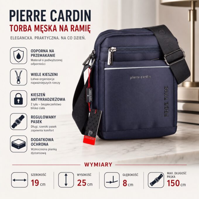 Granatowa torba męska na ramię Pierre Cardin, przód z kieszeniami i paskiem