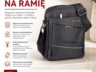 Popielata torba męska na ramię Pierre Cardin listonoszka miejska - obrazek 9
