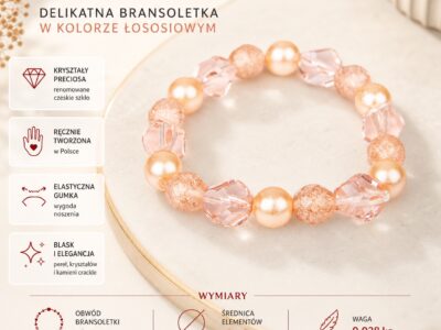 Preciosa Rosé Shine – kobieca bransoletka łososiowa z perłami, kryształami i kamykami crackle - obrazek 6