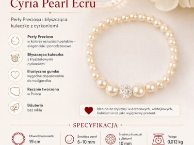 Bransoletka z pereł ecru i cyrkoniami, ujęcie z przodu na jasnym tle