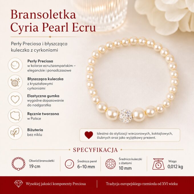 Bransoletka z pereł ecru i cyrkoniami, ujęcie z przodu na jasnym tle