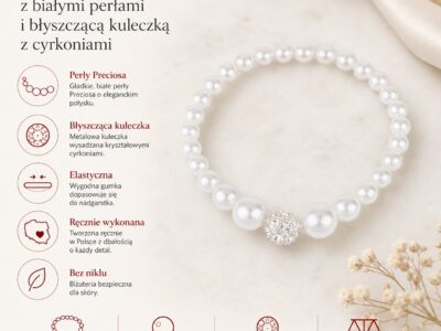 Bransoletka z białymi perłami i wisiorkiem z kuleczką z cyrkoniami Cyria Pearl White - obrazek 5