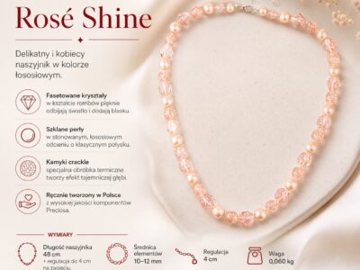 Preciosa Rosé Shine – kobiecy naszyjnik łososiowy z perłami, kryształami i kamykami crackle - obrazek 9