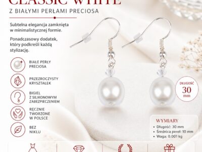 Kolczyki damskie wiszące z białymi perełkami i kryształkiem Preciosa Classic White - obrazek 5