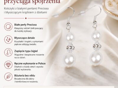 Kolczyki damskie wiszące z białymi perłami i błyszczącym krążkiem Classic White - obrazek 5