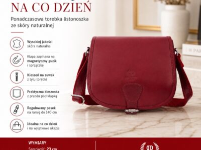 Czerwona skórzana torebka listonoszka Paolo Peruzzi, widok z przodu
