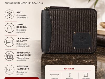Ciemnobrązowy, pojemny portfel męski zapinany dookoła na zamek błyskawiczny RFID - obrazek 11