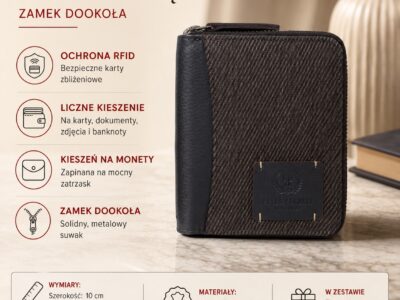Pionowy ciemnobrązowy portfel męski z canvasu i skóry, zamknięty, z przodu