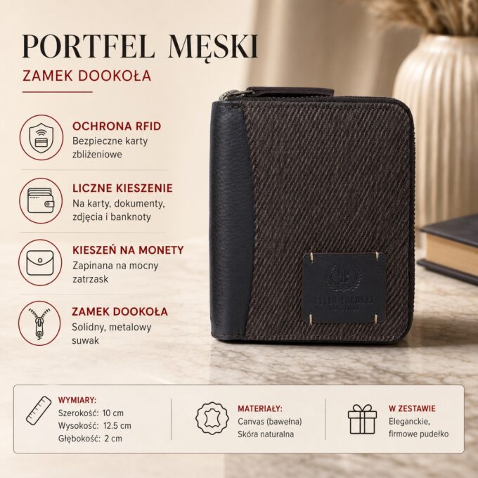 Pionowy ciemnobrązowy portfel męski z canvasu i skóry, zamknięty, z przodu