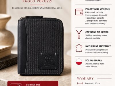 Pionowy, czarny portfel męski zapinany na zamek błyskawiczny, z canvasu i skóry - obrazek 12
