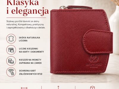 Czerwony portfel damski skórzany średni zapinany na zatrzask i zamek błyskawiczny RFID - obrazek 12