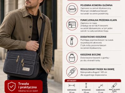Ciemnoszara, lekka torba męska na ramię materiałowa z canvasu OR&MI - obrazek 6
