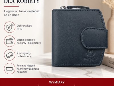 Granatowy portfel damski skórzany średni zapinany na zatrzask i zamek błyskawiczny RFID - obrazek 12