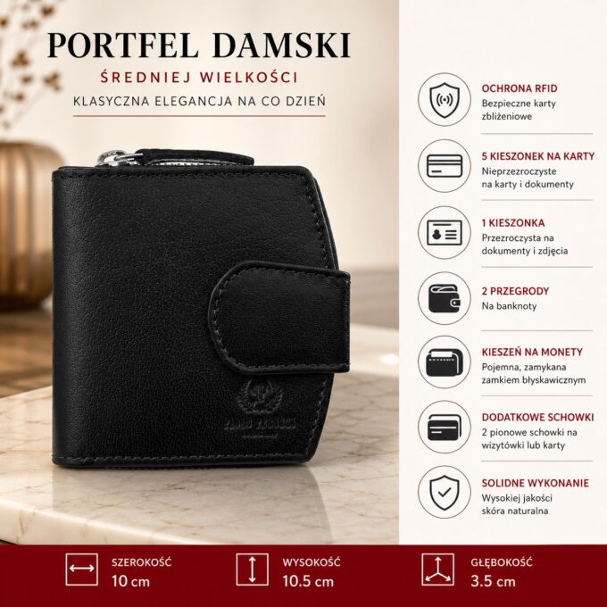 Czarny skórzany portfel damski na zatrzask, ujęcie z przodu
