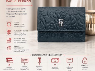 Granatowy skórzany portfel damski z tłoczonym wzorem róż, zamknięty przód
