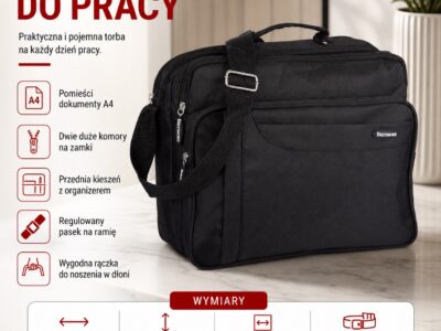 Czarna, materiałowa torba męska do pracy na dokumenty A4 Beltimore - obrazek 6