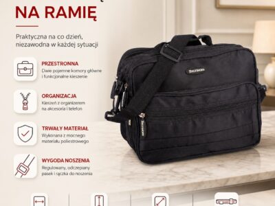 Materiałowa, czarna torba męska na ramię do pracy A5 średnia Beltimore - obrazek 6