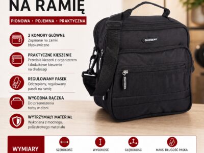 Czarna materiałowa torba męska na ramię, widok z przodu z kieszeniami i paskiem